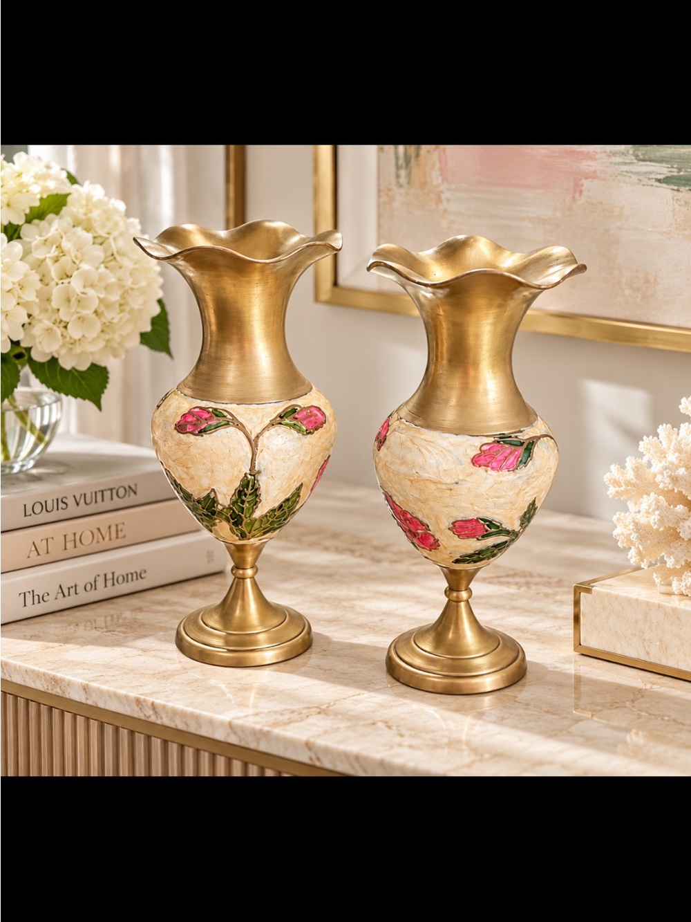 Vintage Brass & enamel Bud Vase Set India. beautiful enamel work.